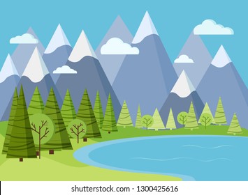 Spring or summer mountain landscape scene with lake water, green trees, spruces, clouds, grass, sky in cartoon flat style. Summer vector nature background illustration.