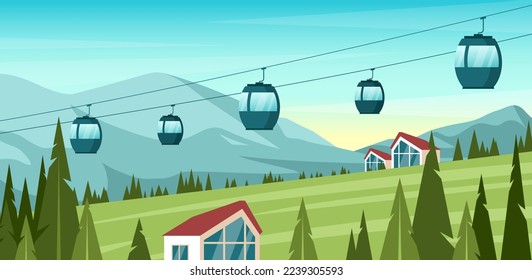 Spring and summer mountain landscape. Vector illustration of ski resort with hill, green grass, slope, hotels, cableway, ski lift. Outdoor holiday activity in Alps. Springtime. Horizon background