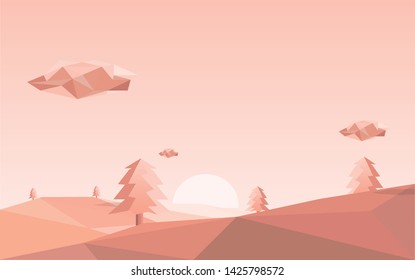 spring summer mountain view landscape vector background with sunset and clouds sky backdrop,pink color concept,cartoon low poly ,geometric and triangle shape design,vector art and illustration.