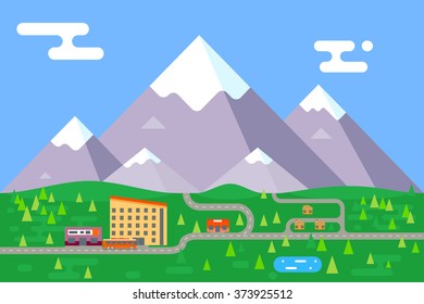 Spring summer mountain village hotel resort holidays bus shop flat vector illustration