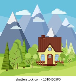 Spring or summer mountains landscape with rural farm house, fences, chimney, attic, green trees, spruces, fields, clouds in cartoon flat style. Beautiful nature scene vector background illustration.
