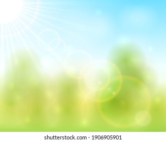 Spring or summer nature background. Bright Sun in the blue sky. Summertime or springtime. Earth Day holiday theme. Illustration can be used for holiday design, poster, banner, card, website, backdrop.