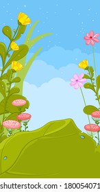 Spring or summer nature background. Grass, flowers, sky. 