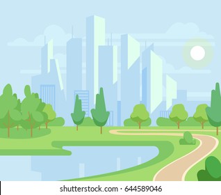 Spring or summer nature and green trees in city park with urban skyline vector illustration.