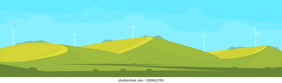 Spring or summer nature landscape background with hill area. Vector flat illustration.