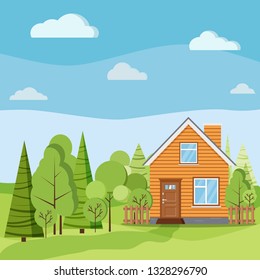 Spring or summer nature landscape scene with rural wooden farm house with chimney, fences, green trees, spruces, clouds, fields, road in cartoon flat style. Summer vector background illustration.