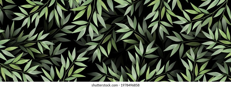 Spring or summer nature Luxurious background. Overgrown tree branches with fresh green leaves. Botanical design for banner cosmetics spa perfume health care products aroma. Exotic texture.