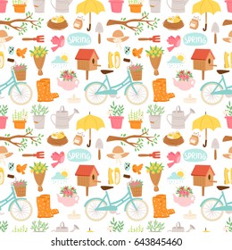 Spring and summer nature symbols and gardening tools seamless pattern background vector illustration