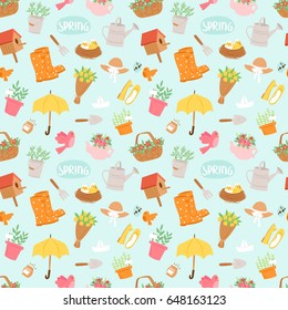 Spring and summer nature symbols and gardening tools seamless pattern background vector illustration