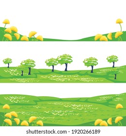 Spring or summer nature with trees and flowers. Flowering meadow in dandelions close-up. Trees in a flowering meadow. Set of vector backgrounds in flat style.