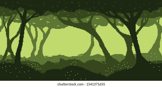 Spring or summer night forest - horizontal seamless pixelated backdrop for 8-bit games. Can be used as pixel background for creating levels, wallpapers etc.