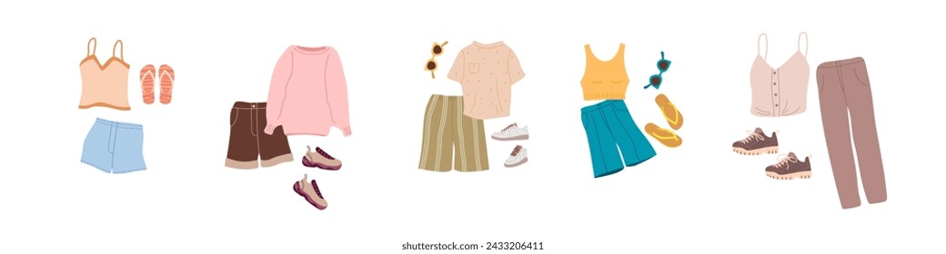 Primavera o verano Conjuntos de traje. Conjuntos de ropa casual para un clima cálido en estilo moderno de la calle. Ropa de moda para el hogar, caminar y relajarse. Ilustración vectorial plana aislada sobre fondo blanco.