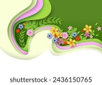 Spring summer papercut background with origami flowers and leaves vector illustration. Springtime greeting card, craft banner or vernal flyer with blossoms and natural foliage