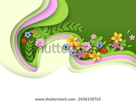 Spring summer papercut background with origami flowers and leaves vector illustration. Springtime greeting card, craft banner or vernal flyer with blossoms and natural foliage