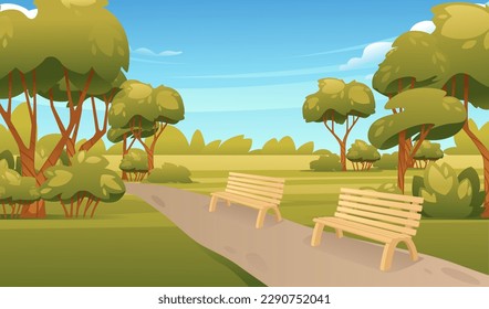 Spring or summer park landscape with trees benches and sunny blue sky vector illustration