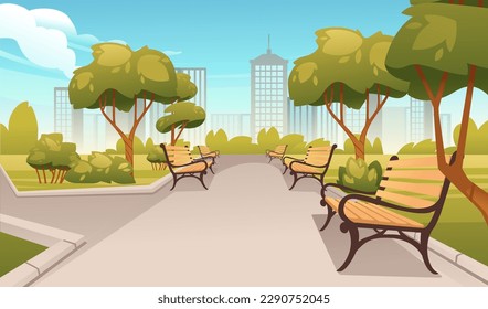 Paisaje de primavera o verano con bancos de árboles y ciudad moderna en ilustración vectorial de fondo