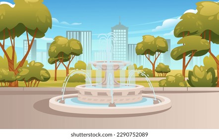 Paisaje de primavera o verano con fuente arbórea y ciudad moderna sobre ilustración vectorial de fondo