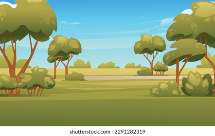 Spring or summer park landscape with trees and sunny blue sky vector illustration