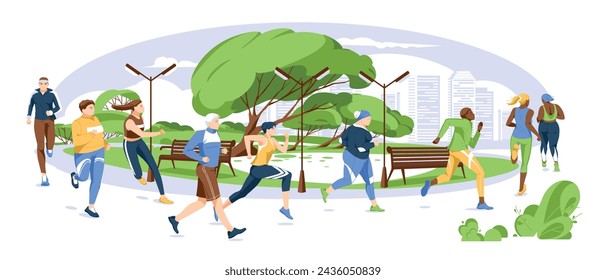 Spring or summer park runners. City marathon and running competition. Fitness and health. Variety of people characters. Vector flat illustration