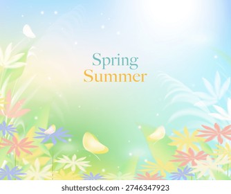 Spring and summer pastel background with colorful flowers,soft gradient sky,light sparkle effect.Vector Seasonal floral for Easter banner,greeting card,poster,social media,holiday design concept