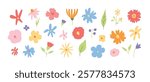 Spring and summer pastel flowers set. Hand-drawn blossoms, doodles, icons. Botanical floral drawing. Vecor isolated on white. 