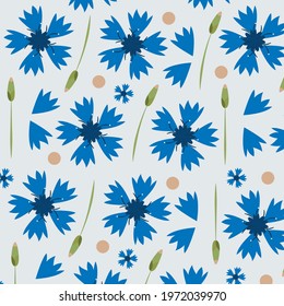 spring summer pattern of blue cornflowers on a neutral light gray background for fabric as a print drawing