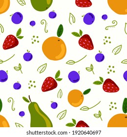spring or summer pattern on a white background from berries, fruits and leaves. juicy abstract explosion. wind graphics.