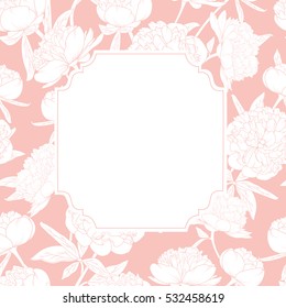 Spring summer peony flowers wedding marriage invitation card template. RSVP text placeholder. Pink, white. Detailed vector design illustration.
