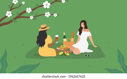 Spring Summer Picnic. Beautiful Girls Sitting On A Green Grass. Avocado Toasts, Baguette, Wine. Vector