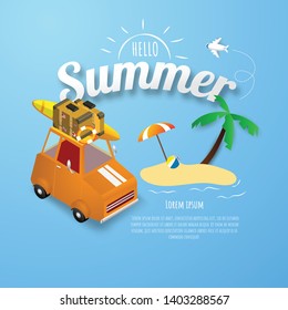 Spring Summer poster, banner Orange car park at beach vector illustration and design for card, Spring Summer poster, banner Orange car park at beach vector illustration and design for card,