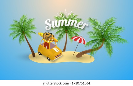 Spring Summer poster, banner Orange car park at beach vector illustration and design for card,