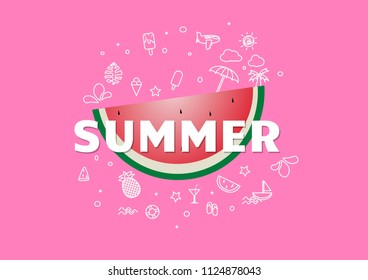 Spring Summer poster, banner Watermelon vector illustration, lettering and pink design for poster card,