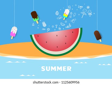 Spring Summer poster, banner Watermelon vector illustration, lettering and pink design for poster card,