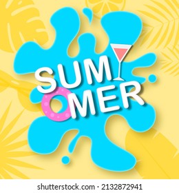 Spring Summer poster, Splashing water on yellow background with monstera leaves, coconut leaves, orange, sunglasses and sandals. Summer vector illustration.