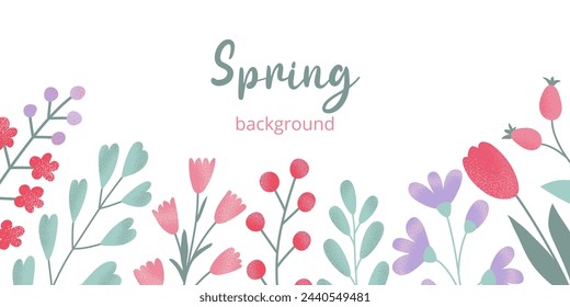 Spring or summer rectangular botanical template in flat vector style. Hand drawn colorful different grainy textured flowers and green leaves.
