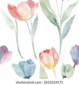 primavera Verão Vermelho Laranja Azul Francês Cinza Branco Abstrato Tulipa Flor Folha Elegante Aquarela Escandinávia Design Sem Costura Padrão Papel de Parede Cortina Cama Estofamento Pastel Tecido Fundo Vetor
