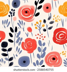 Spring Summer Red Orange Pink Yellow Blue Brown French Grey White Abstract Wild Rose Flower Elegant Leaf Watercolor Scandinavian Design Seamless Pattern Wallpaper Curtain Pastel Background Vector