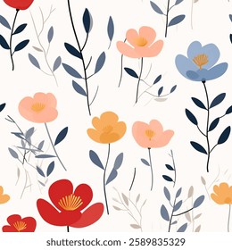 Spring Summer Red Pink Orange Blue Beige White Abstract Wild Flower Elegant Leaf Watercolor Scandinavian Design Seamless Pattern Wallpaper Curtain Bedding Upholstery Pastel Fabric Background Vector