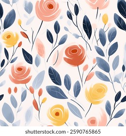 Spring Summer Red Yellow Orange Blue White Abstract Wild Flower Elegant Leaf Watercolor Scandinavian Design Seamless Pattern Wallpaper Curtain Bedding Upholstery Pastel Fabric Background Vector