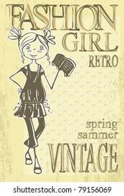 Spring summer retro cute sweet trend vintage girls. Fashion grunge vector woman. Sketch fashion girl. Pretty cartoon girls silhouette card fashion students doodlers