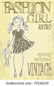 Spring summer retro cute sweet trend vintage girls. Fashion grunge vector woman. Sketch fashion girl.