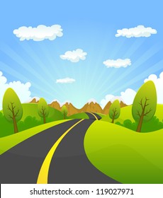 Spring Or Summer Road To The Mountain/ Illustration of a cartoon summer or spring country road going to mountains landscape, for vacations, travel and seasonal holidays background