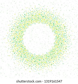 Spring, summer round frame, circle, ring made of uneven chaotic grass green, yellow hand drawn dots, blobs, spots, specks, flecks, drops, splatter. Eco, vegan, nature border. Spray texture background.