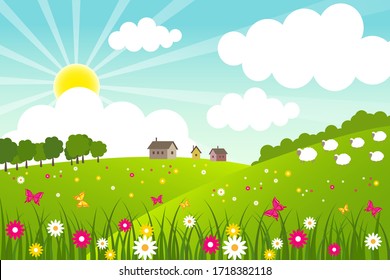 Spring and summer rural landscape. Vector illustration.