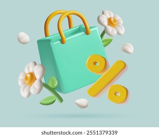 Spring and summer sale 3d icon with shopping bag, flowers and percentage sign. Cute three dimensional realistic vector illustration.