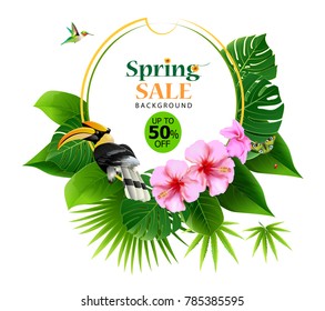 spring and summer sale backgrounds. Spring word on natural white background. Vector illustration.