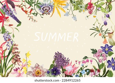 Pancarta de la primavera de verano con flores exóticas en un fondo beige. Ilustración vectorial. Banner perfecto para promociones, revistas, publicidad, sitios web.