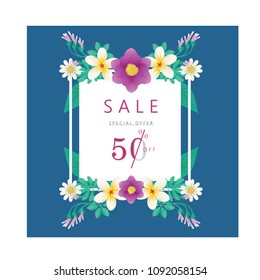 Spring summer sale banner with flowers on a dark blue background. Banner perfect for promotions, magazines, advertising, web sites. EPS 10 V3.