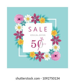 Spring summer sale banner with flowers on a light blue background. Banner perfect for promotions, magazines, advertising, web sites. EPS 10 V1.