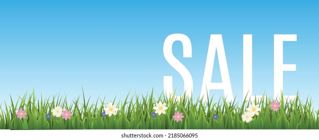Spring or summer sale banner or poster design with green grass and flowers, flat vector illustration. Sunny summer day background for sale and discount events.